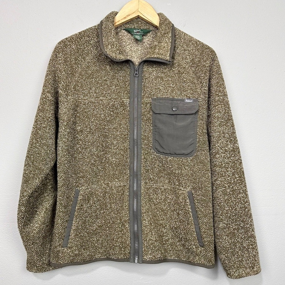 Woolrich Fleece Jacket Mens Size M Brown Full Zip Textured Knit Sweater Utility
